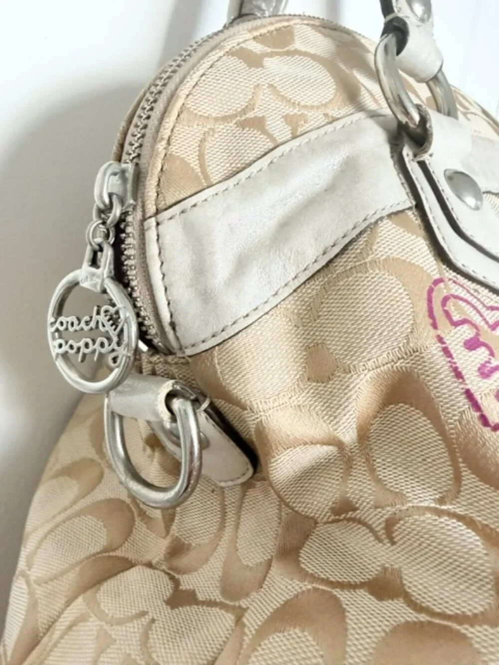 Coach Beige Signature Canvas Floral Poppy Satchel with Purple Accents